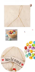 Detail of Easter wooden welcome sign featuring a heart-shaped chicken and jute rope
