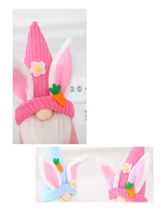 Detailed close-up of knitted Easter gnomes with rabbit ears and small felt carrots