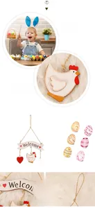 Detail of Easter wooden Welcome sign with heart and chicken charms and painted egg ornaments