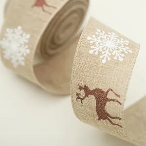 5cm linen Christmas ribbon with white snowflakes and red glitter reindeer patterns