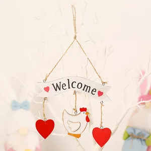 Easter Wooden Welcome Sign Rooster Hanging Ornament With Hearts Rustic Farmhouse Window Door Festival Wall Decoration