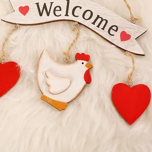 Easter wooden welcome sign featuring a cute chicken and red hearts on a plush background