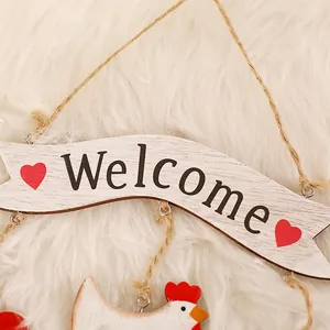 Rustic Easter wooden Welcome sign featuring a white heart chicken hanging decoration