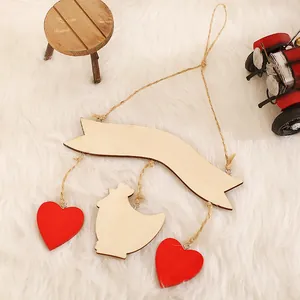 Easter wooden hanging ornament featuring a rooster and red hearts on white faux fur