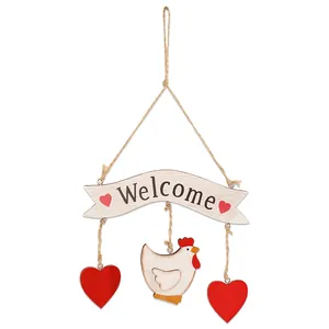 Easter wooden hanging sign with Welcome text, colorful chicken, and red heart accents