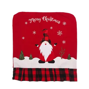 Red Christmas Gnome chair cover with buffalo plaid trim and Merry Christmas lettering
