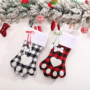 Christmas Paw Stockings Plaid Plush Dog Cat Paw Hanging Stockings With Bone Fish Charms For Christmas Tree Party Decoration