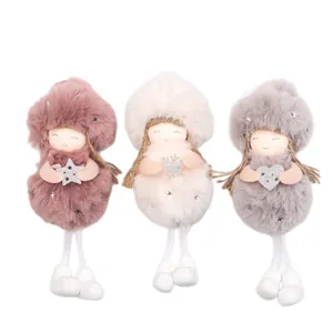 Three plush Christmas angel dolls in pink, white, and grey with star and heart sequins
