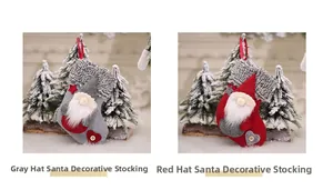 Detail of grey and red gnome Christmas stockings with wooden buttons and felt texture