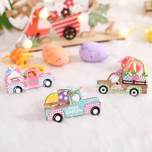 Easter truck wooden hanging ornament with gnome, colorful eggs and Happy Easter sign