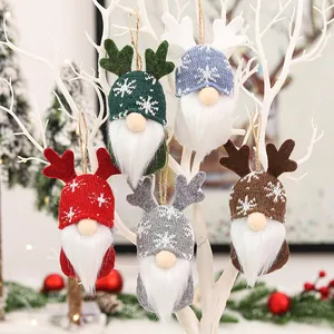 Set of 5 colorful knitted Christmas gnome ornaments with antlers on rustic hanging strings