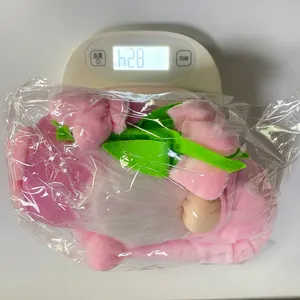 Detailed weight measurement showing a pink gnome plush toy on a scale at 628g