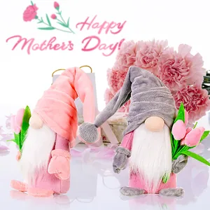 Mother's Day Gnome Plush Elf Decoration With Pink Tulip Bouquet Handmade Scandinavian Tomte Figurine For Home Bedroom Decor