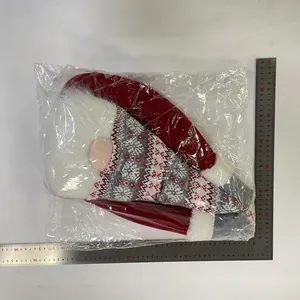 Detailed size measurement of red gnome plush tree topper with a long white beard