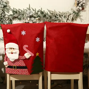 Christmas chair covers featuring 3D Santa Claus and Christmas tree on red linen fabric