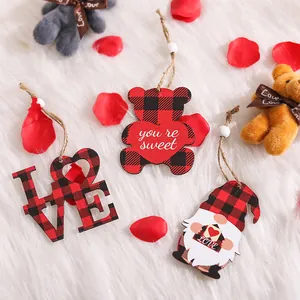 Set of 3 wooden Valentine heart and gnome ornaments with buffalo plaid and jute strings
