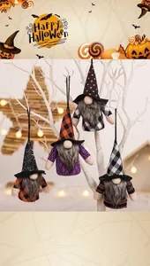 Set of four lighted Halloween gnomes with witch hats hanging on decorative branches