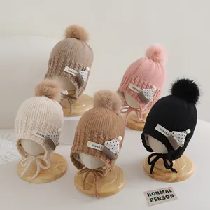 Kids Warm Winter Knitted Beanie With Large Pom Pom Ear Flaps Cozy Fleece Lining Trendy Geometric Patch Hat For Boys Girls