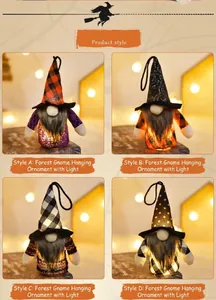 Set of four lighted Halloween gnomes with various patterned hats for festive hanging decor