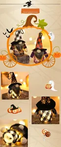 Close-up of lighted Halloween gnome with LED switch and patterned hat detail