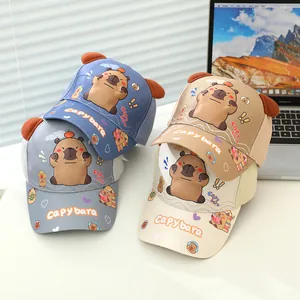 Kids Cute Cartoon Capybara Baseball Cap With 3D Ears Cotton Blend Sunshade Peaked Hat For Boys Girls Outdoor Streetwear