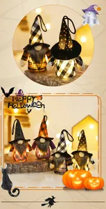Macro detail of glowing Halloween gnomes with patterned hats and LED lighting