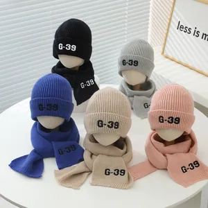 Kids Winter Knit Hat And Scarf Set G-39 Letter Embroidery Thickened Fleece Lined Ear Protection Warm Beanie Boys Girls