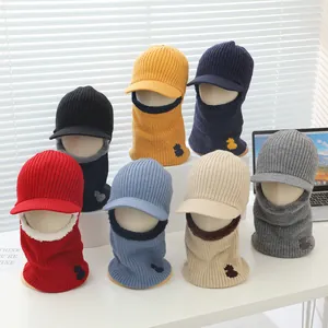 Children Winter Knitted Balaclava Hat Hooded Scarf Fleece Lined Warm Visor Beanie For Kids Outdoor Windproof Neck Warmer