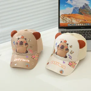 Kids khaki and beige capybara baseball cap with 3D ears and cartoon embroidery for sun protection