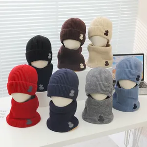 Winter Kinder Strickmütze Und Schal Warm Gerippte Beanie Mit Fleecefutter Cartoon Bär Für Jungen Und Mädchen