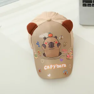 Kids khaki baseball cap with cute capybara print and 3D plush ears for outdoor sun protection