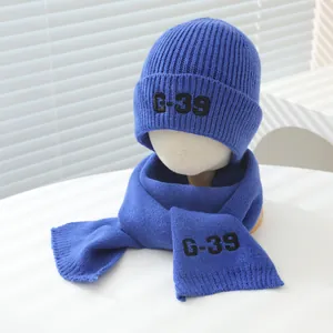 Blue knit hat and scarf set for boys with G-39 embroidery and thick ribbed material