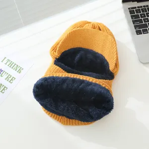 Ginger yellow kids winter knit beanie hat with integrated neck warmer and plush lining