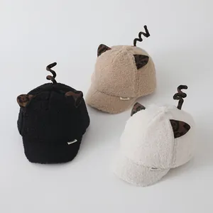 Kids plush baseball caps with leopard ears and spiral tail in black, beige and white