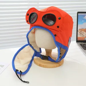 Winter Fliegermütze für Kinder mit Schutzbrille und warmem Teddyfutter in Orange