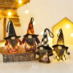 Halloween Lighted Glowing Gnome Plush Ornaments LED Swedish Tomte Gonk Hanging Decorations With Orange Black Plaid Polka Dot Spider Web Patterns For Home Party Decor