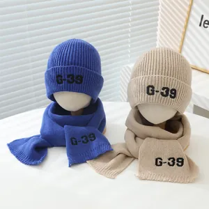 Winter knit hat and scarf set for boys with G-39 embroidery in navy and khaki
