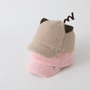Fuzzy sherpa baseball cap for toddlers featuring leopard cat ears in khaki and pink colors