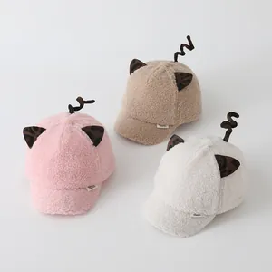 Cute toddler plush baseball caps with leopard cat ears in pink, khaki, and white