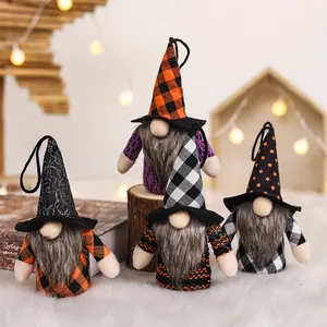 Set of 4 hanging Halloween gnomes with plaid hats and long beards for festive home decoration