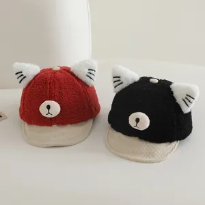 Cute children's plush baseball cap with animal ears and soft corduroy brim in red and black