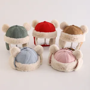 Kinder Winter Uschanka Süße Bärenohren Bommel Wildlederimitat Pelzfutter Warm Winddicht Gehörschutz Mütze Für Kleinkinder Jungen Mädchen