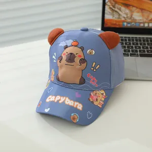Detailed close-up of grey-blue kids capybara baseball cap with cute 3D brown ears