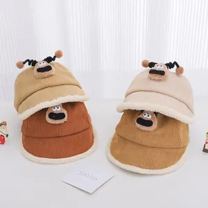Kids Winter Corduroy Bucket Hat Warm Fleece Lined Cartoon Sausage Mouth Monster Reindeer Horns Hat For Toddler Boys Girls