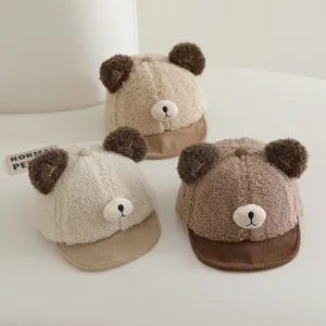 Cute plush bear ear baseball cap for toddlers with soft corduroy brim and embroidery