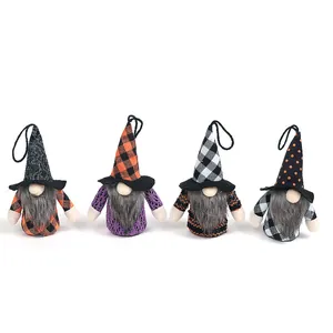 Set of 4 glowing Halloween gnomes with assorted patterned hats for festive decoration