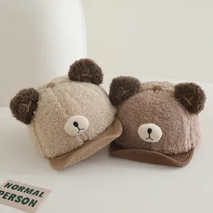 Cute plush bear baseball caps for kids with soft velvet ears in beige and brown colors