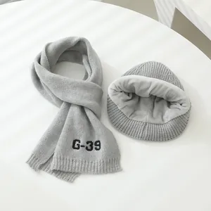 Gray knitted winter hat and scarf set for boys with warm thickened fleece lining and G-39 embroidery