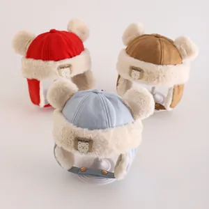 Cute Baby Trapper Hat Winter Warm Kids Lei Feng Hat With Faux Fur Lining Bear Ears Chin Strap For Toddler Girls Boys Outdoor Windproof Earflap Cap