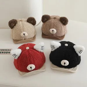 Cute Animal Bear Ears Kids Baseball Cap Soft Lamb Fleece Corduroy Patchwork Warm Peak Cap For Toddler Boys Girls